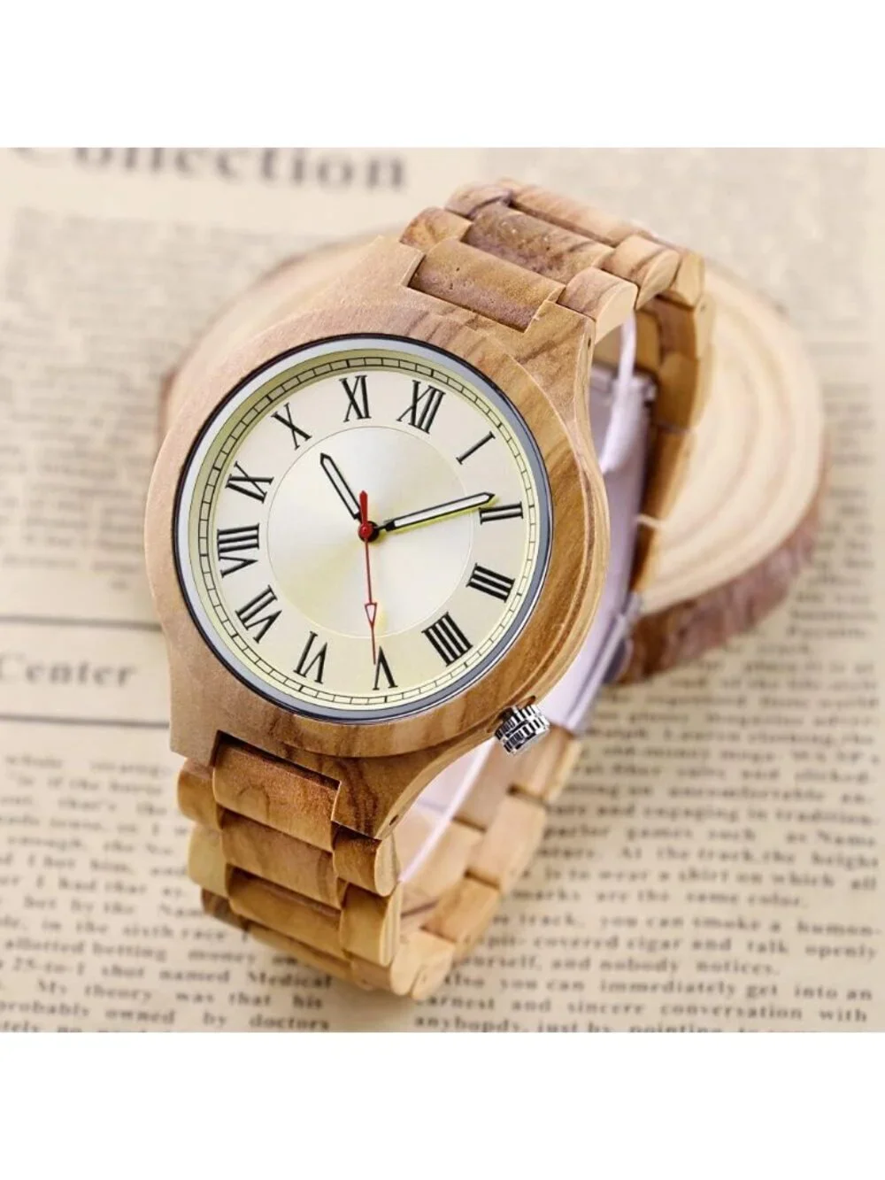 Men's White Brown Classic Handmade Round Bamboo Analog Date Quartz Wooden Watch